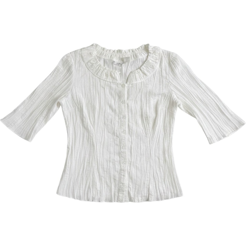 Harve Benard Blouse Women XL Off-White Vintage Crinkle Ruffle Button Front